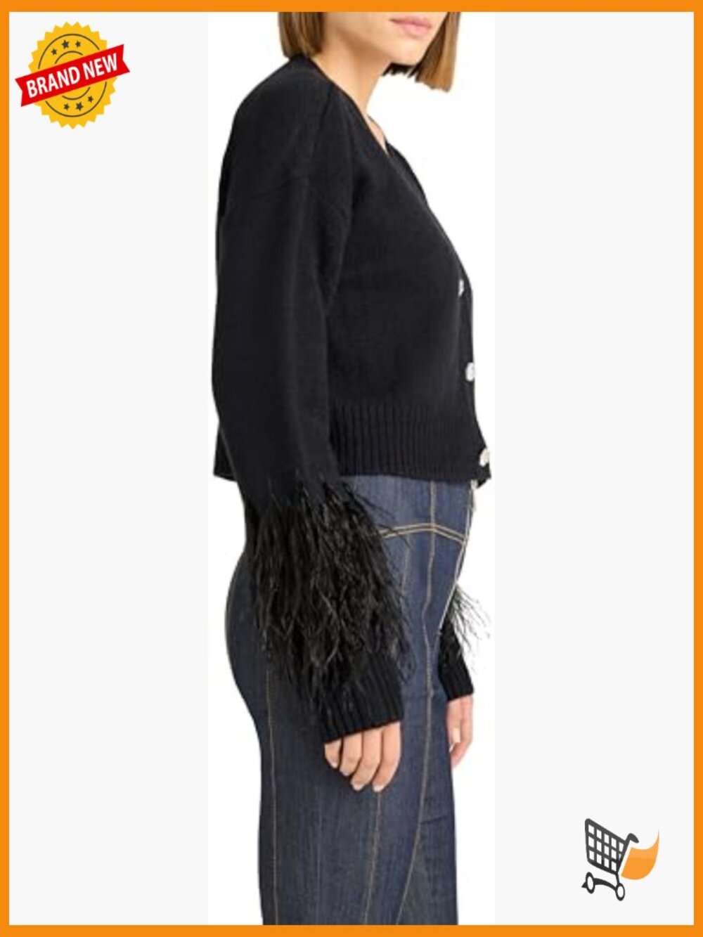 Cropped Cardigan with Feather Trim Long Sleeve Dry Clean Only - Picture 5 of 5